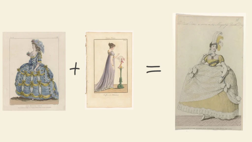 Ilustracje mody damskiej: suknia dworska (XVIII w.), suknia neoklasyczna (koniec XVIII w.), suknia dworska (1804)