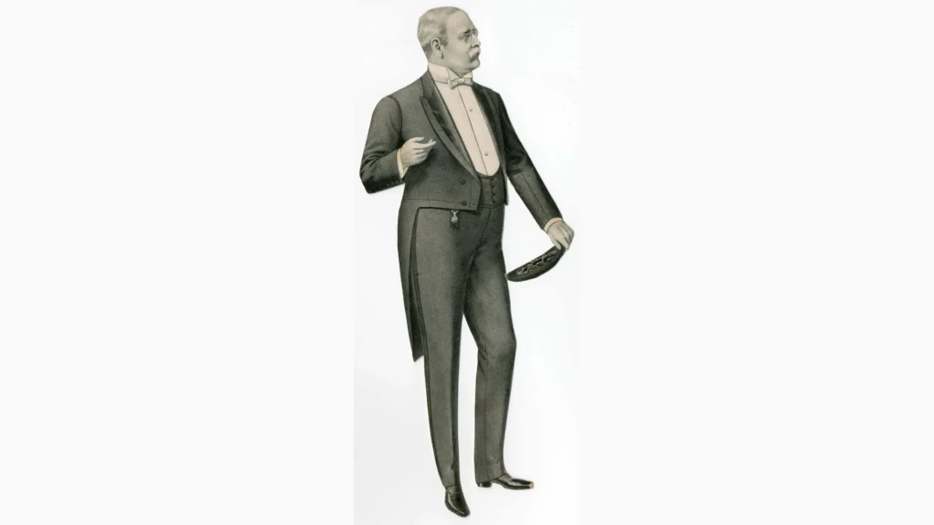 Ilustracja mężczyzny w eleganckim fraku z początku XX wieku: czarny surdut z połami, biała koszula z muszką, kamizelka z odznaką, trzyma cylinder, białe tło.