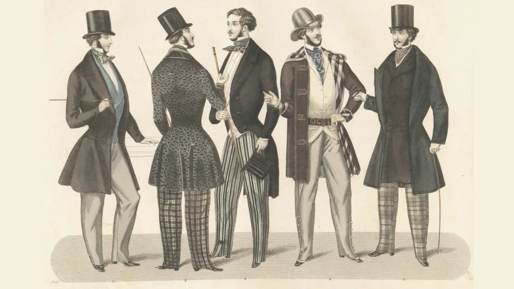 Ilustracja mody męskiej z 1817 roku: pięciu mężczyzn w eleganckich strojach - długie fraki, cylindry, kamizelki, wzorzyste spodnie, z laseczkami.